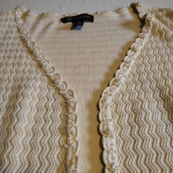INC International Concepts Sweaters - Womens Romantic Coquette Knit Cardigan Size M Cream Pearl Beaded Trim Open Front